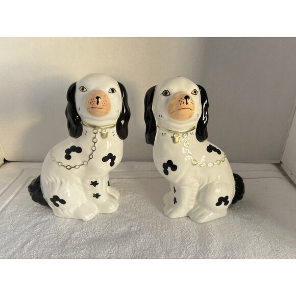 PAIR Staffordshire Style Dog 7.5"H Statues Mantle Figure Gold Chain Black White - Picture 10 of 11